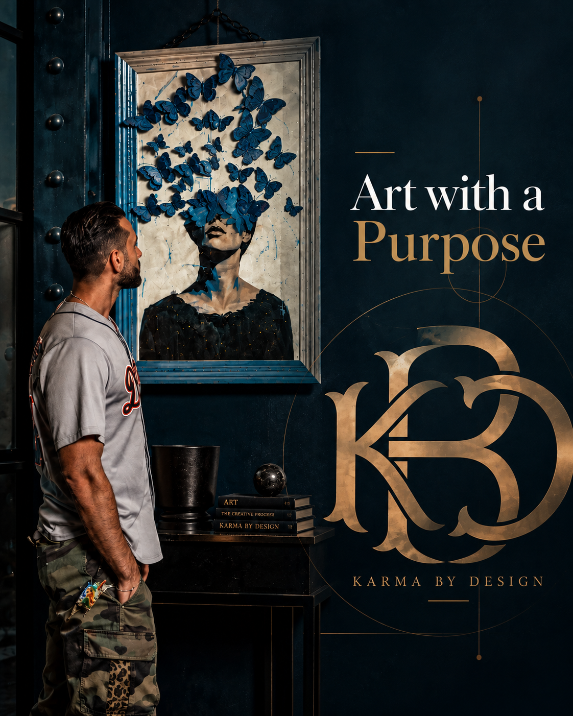 Man gazing at a butterfly-themed artwork in a stylish interior space
