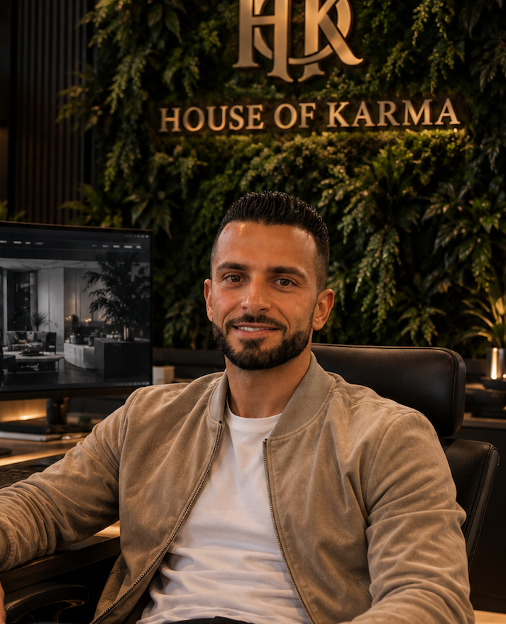 A man seated in an office with greenery and "House of Karma" sign behind him