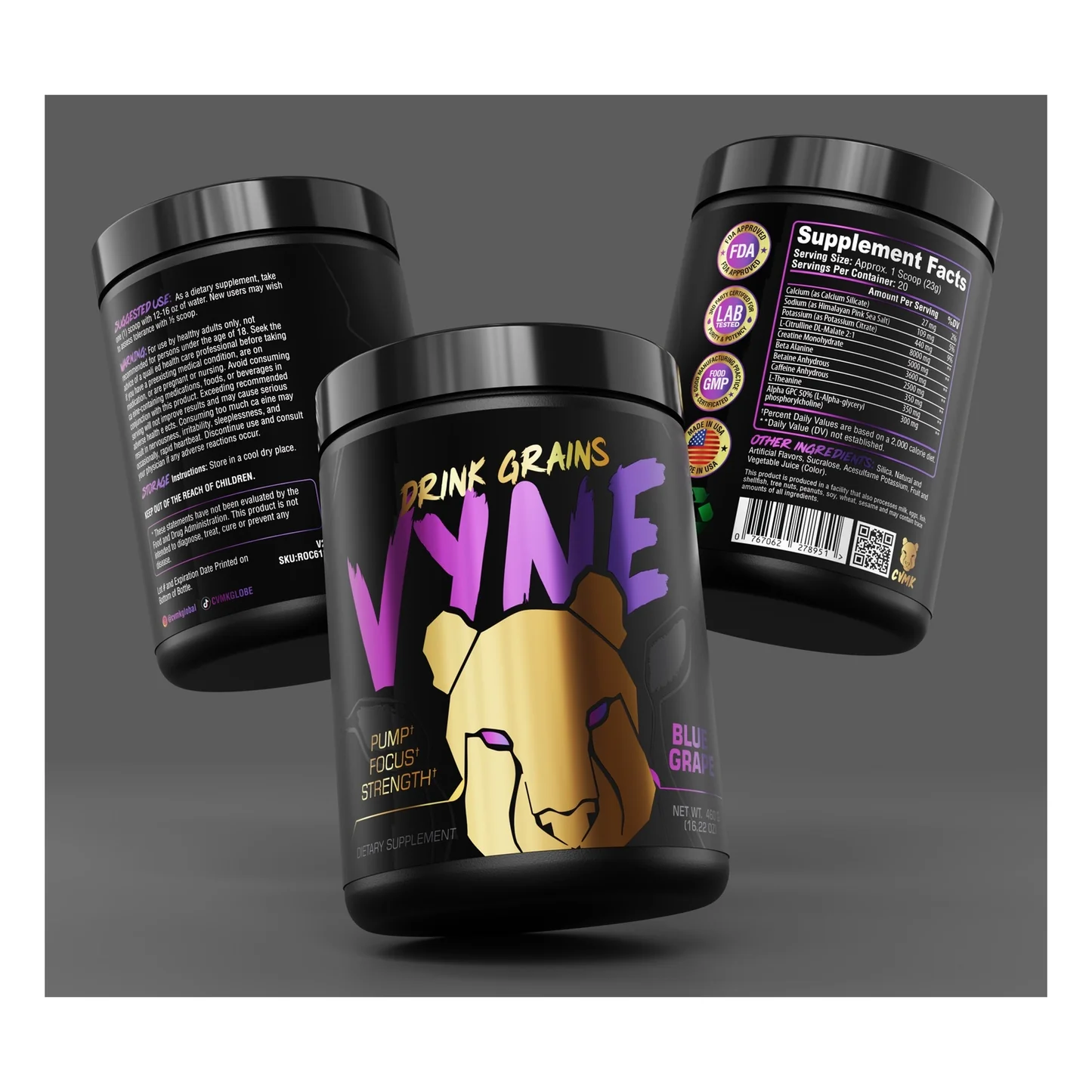 Three jars of Vyne drink grains supplement featuring a lion logo and nutrition facts