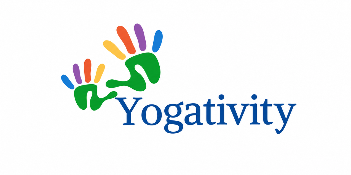Colorful handprints above the word "Yogativity" in blue font on a white background