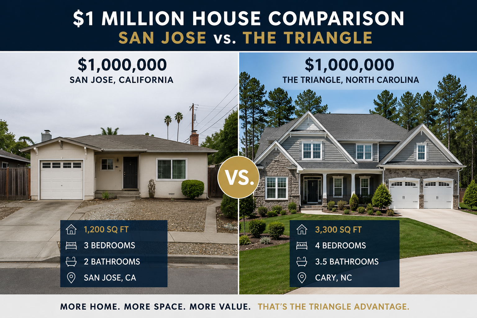 Comparison of $1 million homes in San Jose, California, and The Triangle, North Carolina