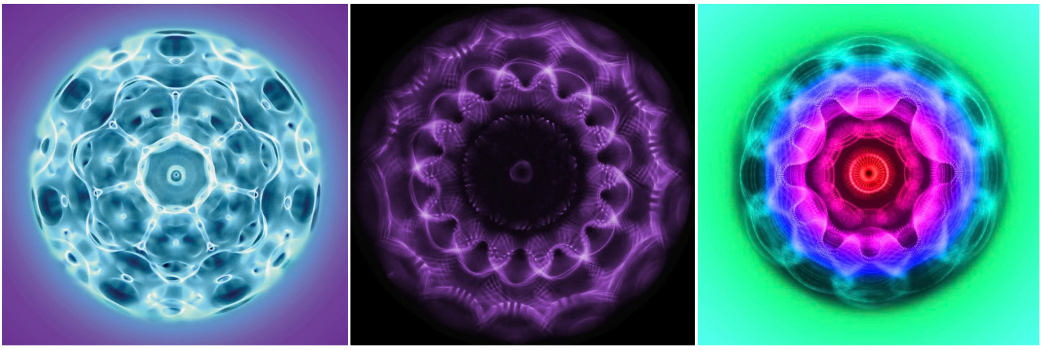 Three colorful abstract patterns resembling energy fields or molecular structures.