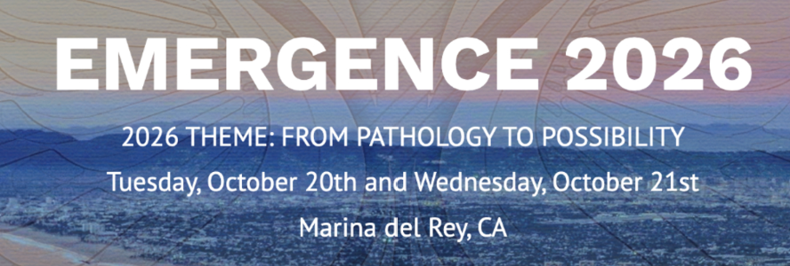 Header for Emergence 2026 conference, theme and dates displayed on a scenic background