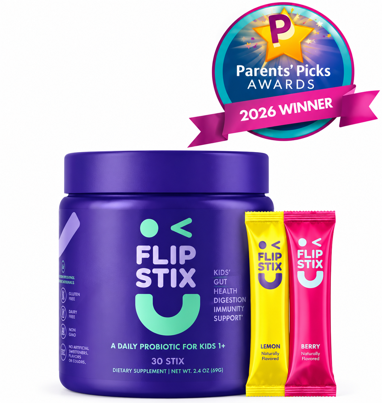 Purple container of Flip Stix probiotics with yellow and red flavored packets and award badge