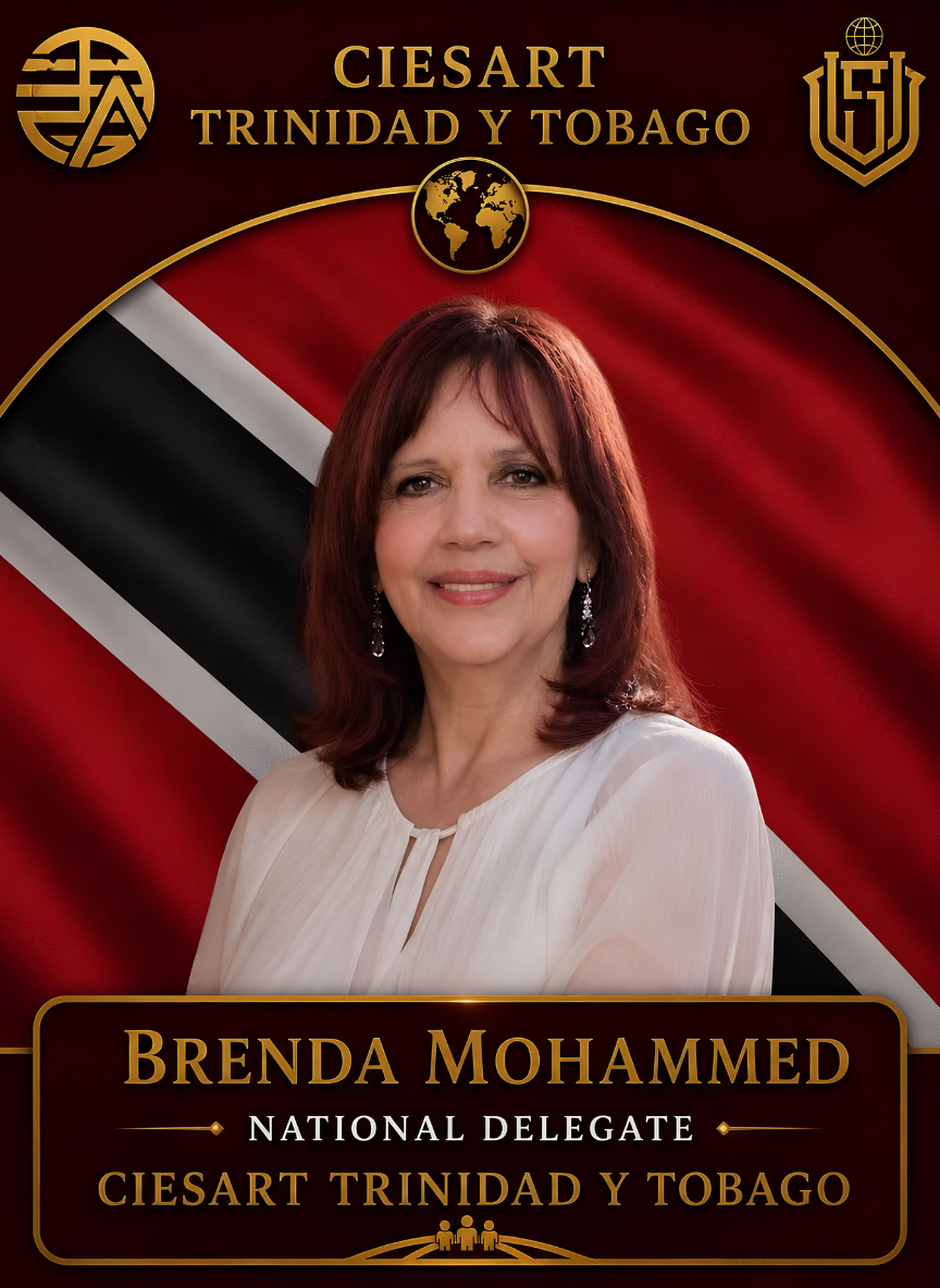 Portrait of a woman with long hair against a Trinidad and Tobago flag background