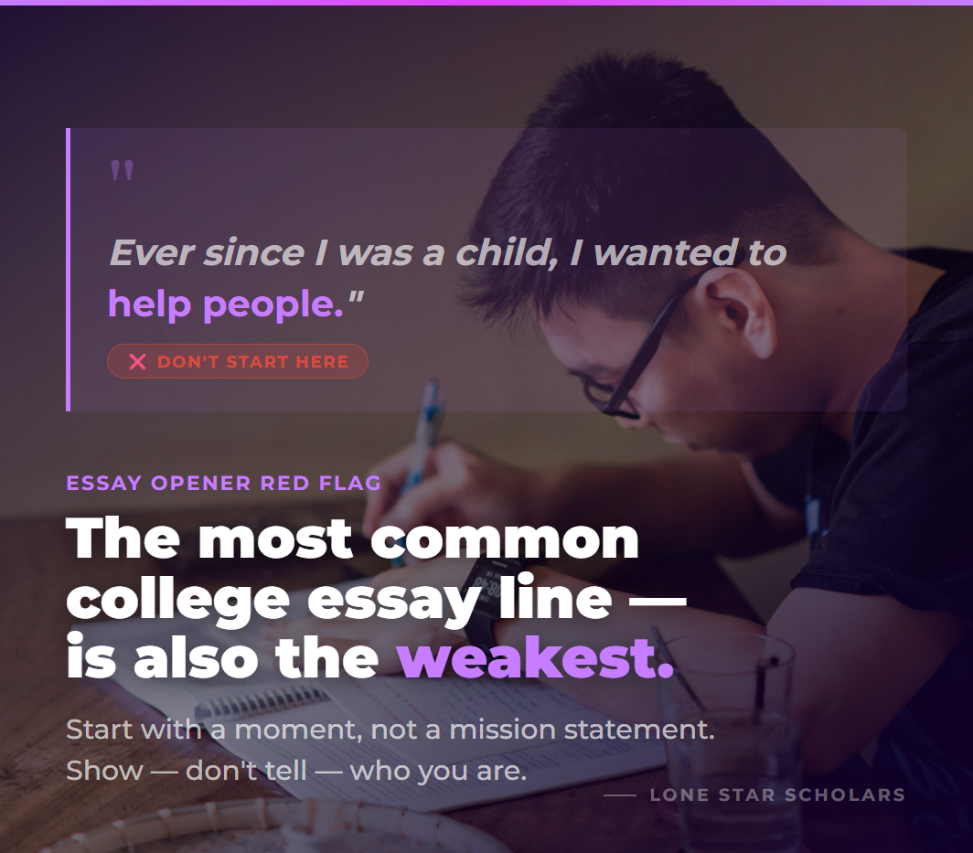 A student writing an essay with a caption about weak college essay openers