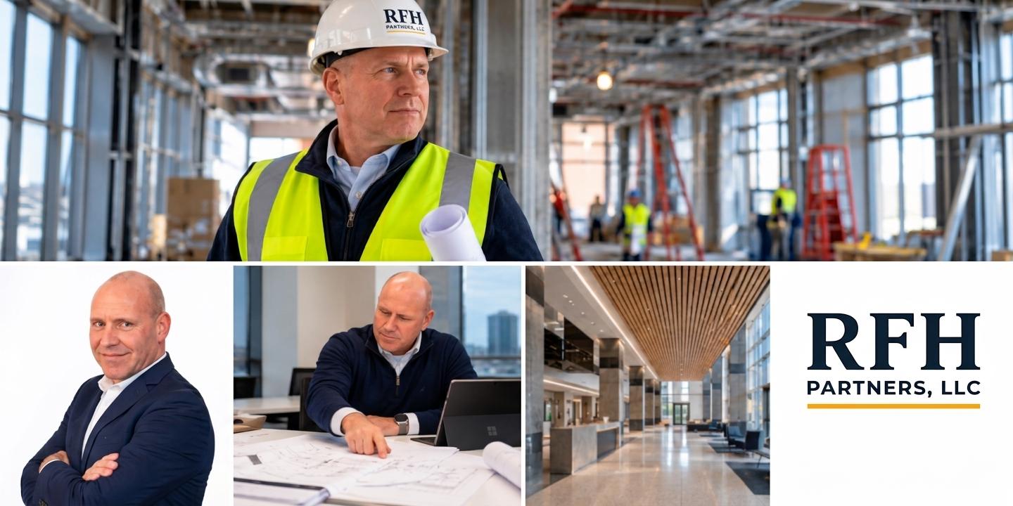 Collage of construction and office images featuring a professional in safety gear and planners