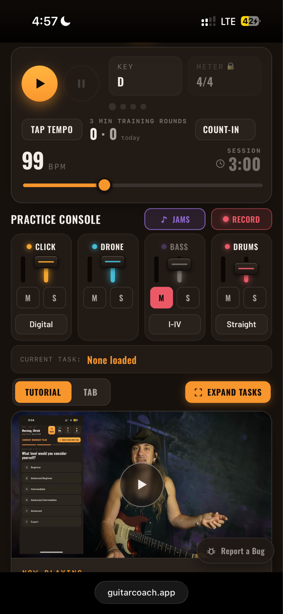 Guitar practice app interface showing tap tempo, practice console, and session controls