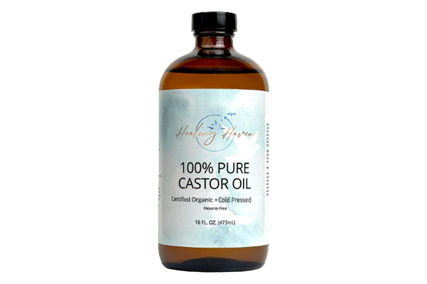 Bottle of 100% pure castor oil with a label indicating organic and cold-pressed quality