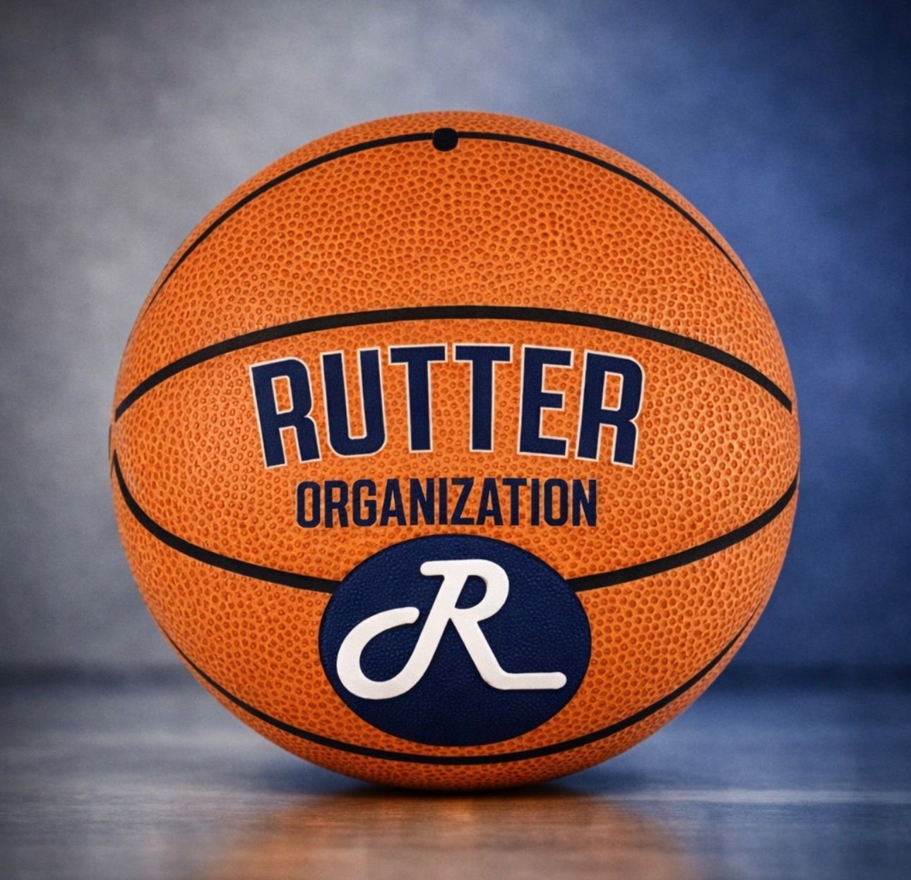 A basketball featuring the logo and name of the Rutter Organization