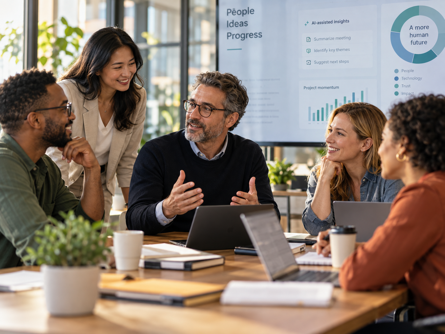 A diverse group of professionals collaborating in a modern office setting during a meeting