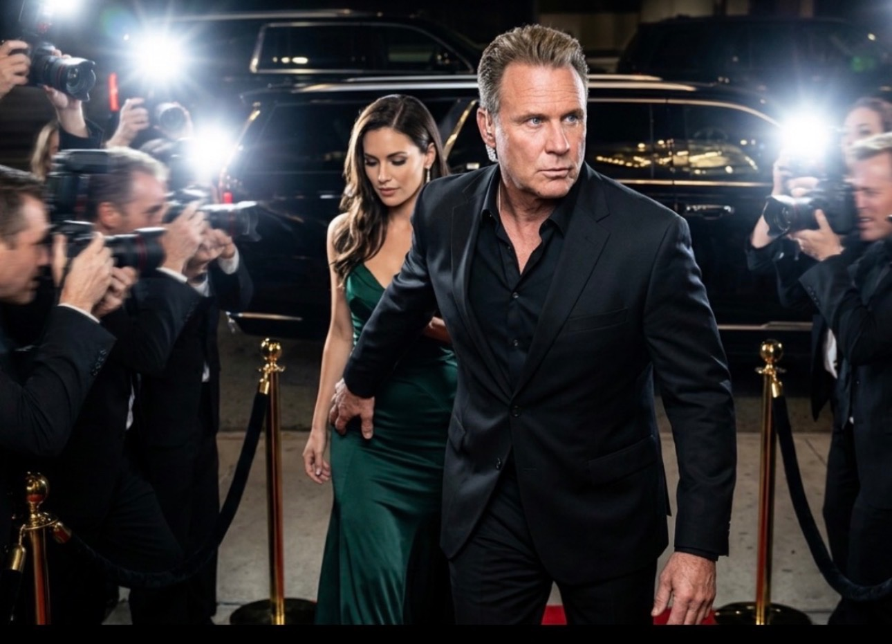 A suited man and a woman in a green dress pose for paparazzi at an event