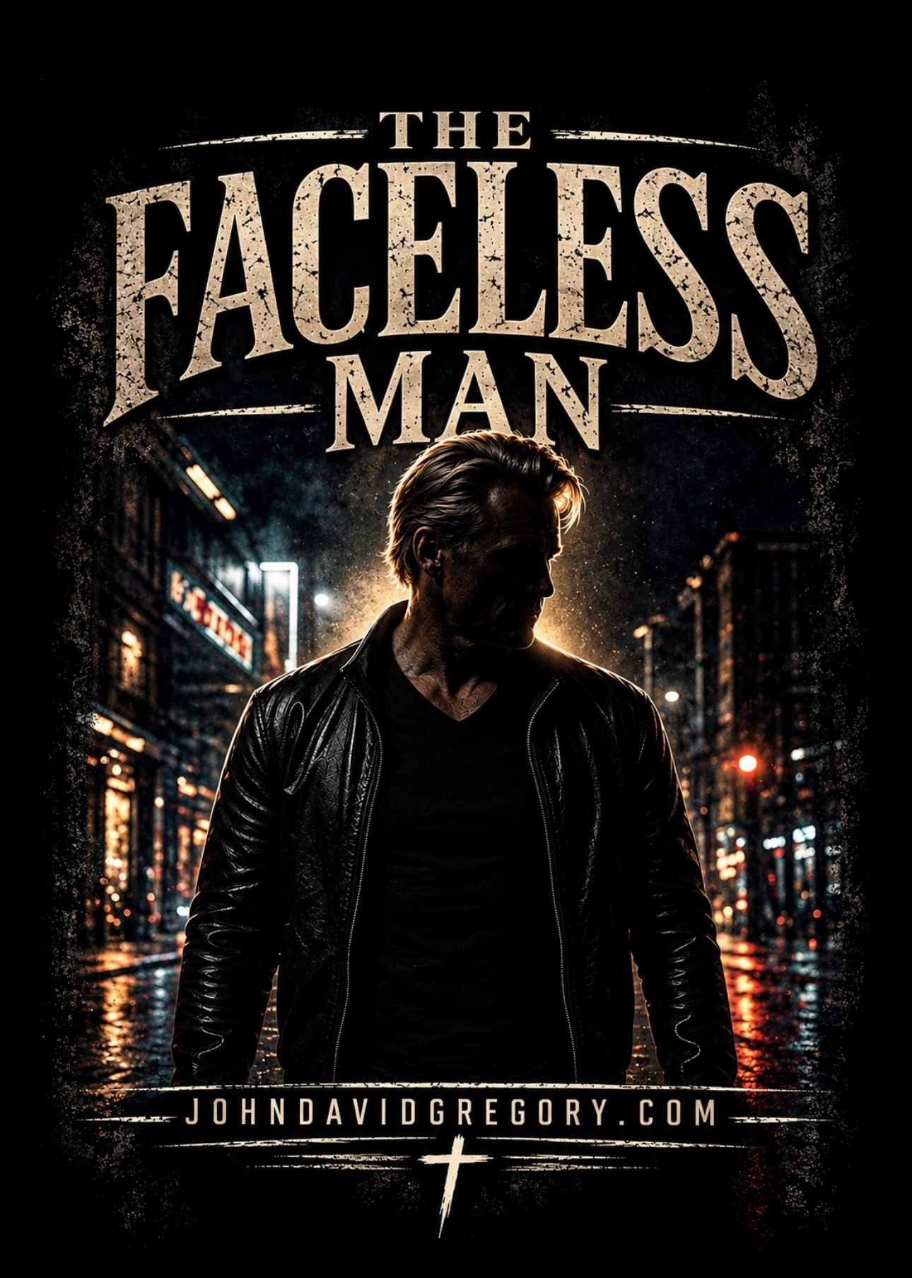 A silhouetted man in a leather jacket stands in a dimly lit urban setting