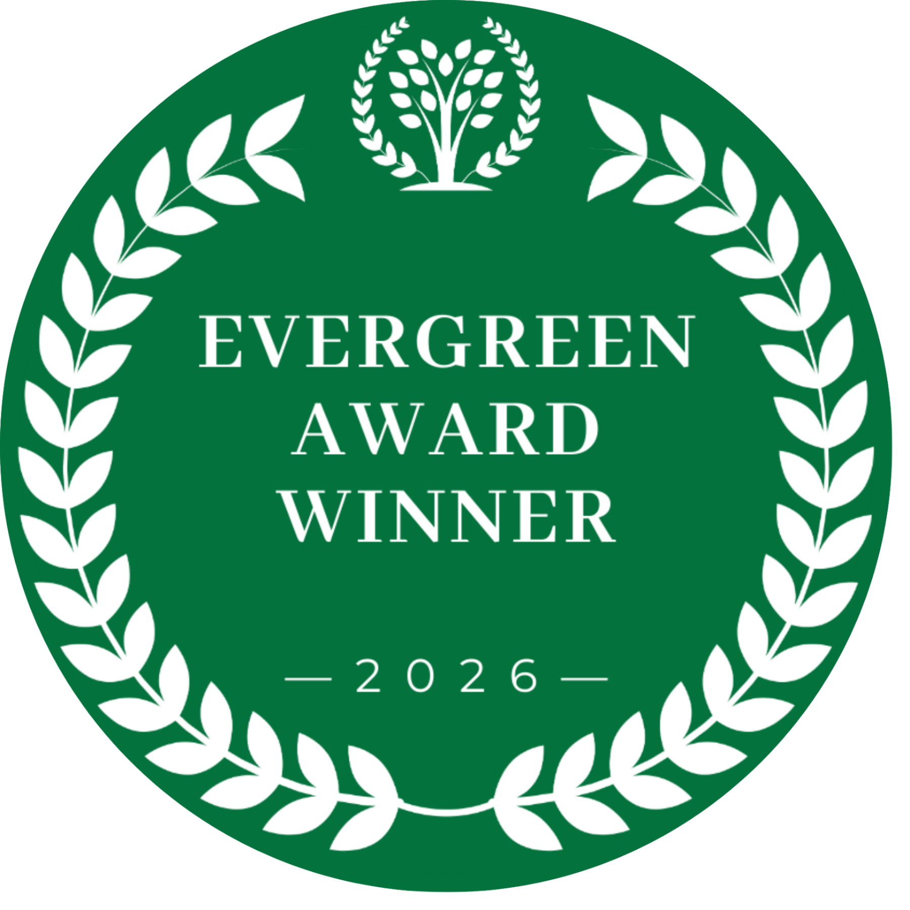 Green circular badge with laurel leaves, text marking Evergreen Award Winner 2026