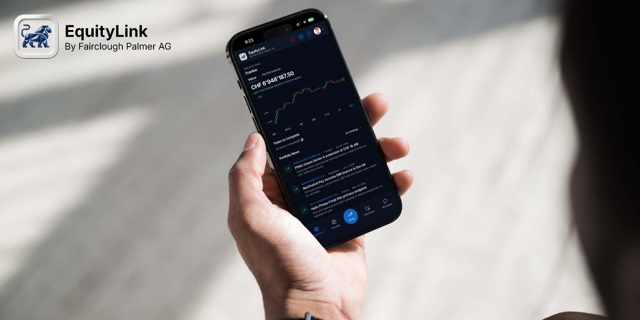 A person holds a smartphone displaying a financial app with stock market data