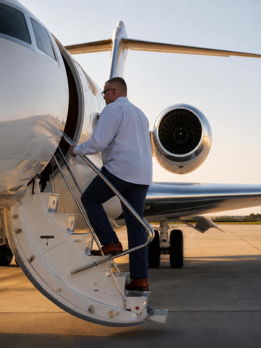 A man in a white shirt boards a private jet on the tarmac