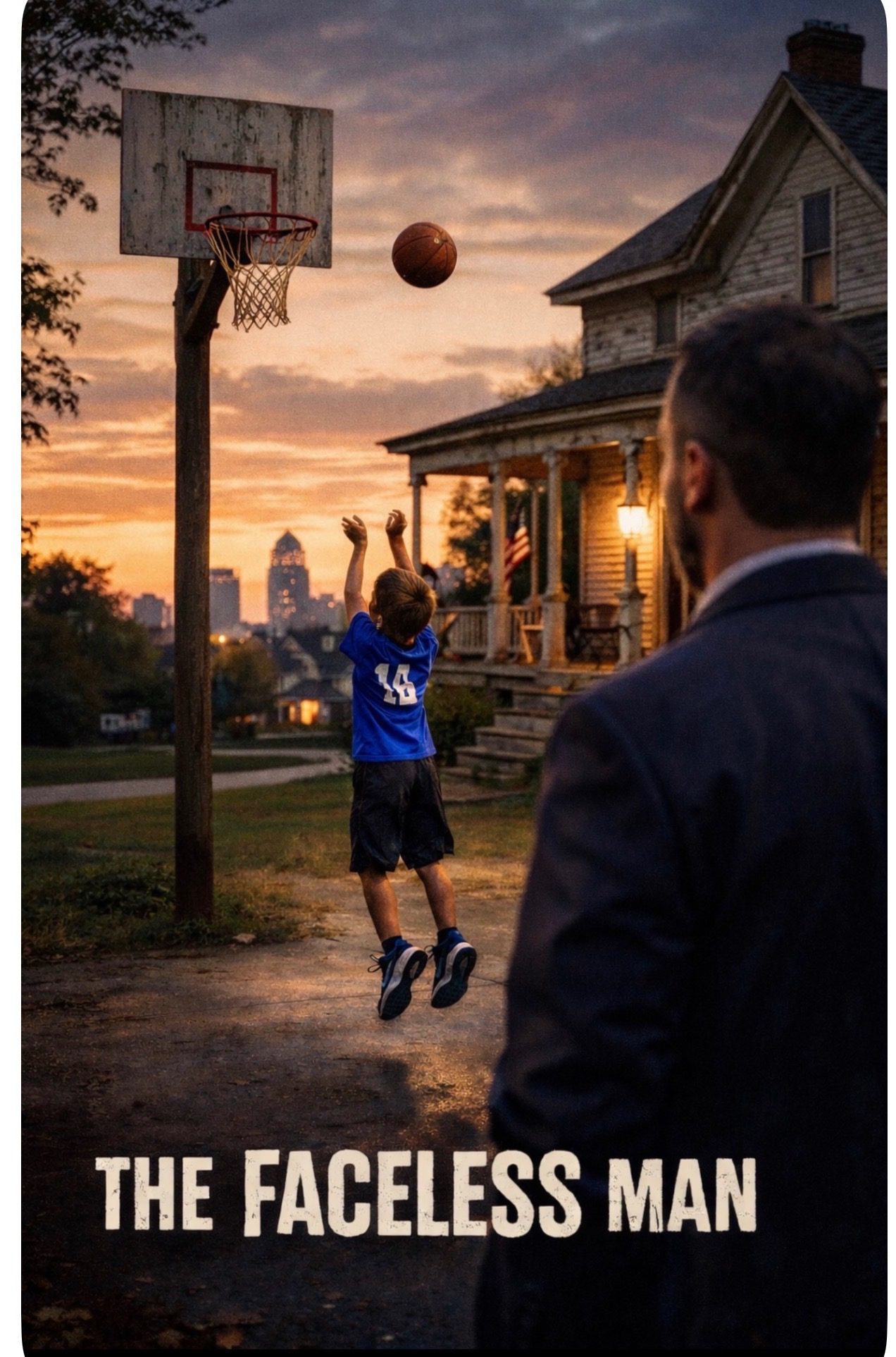 A boy shoots a basketball at sunset while a man observes nearby