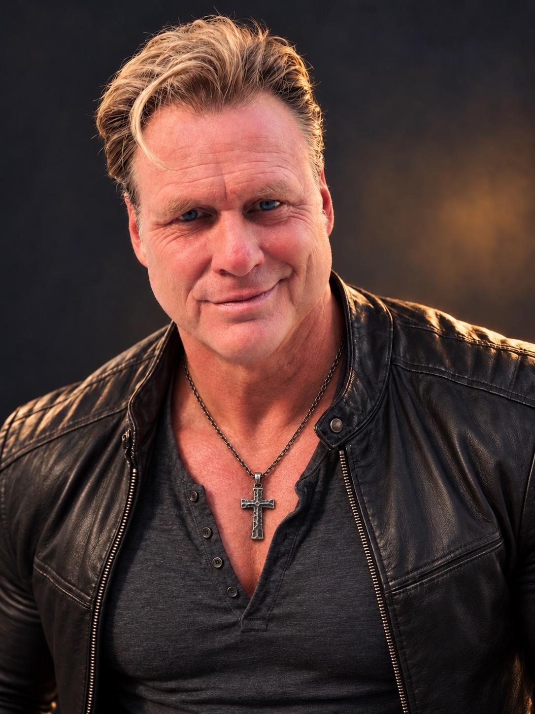 Smiling man in a leather jacket with a cross necklace against a dark background