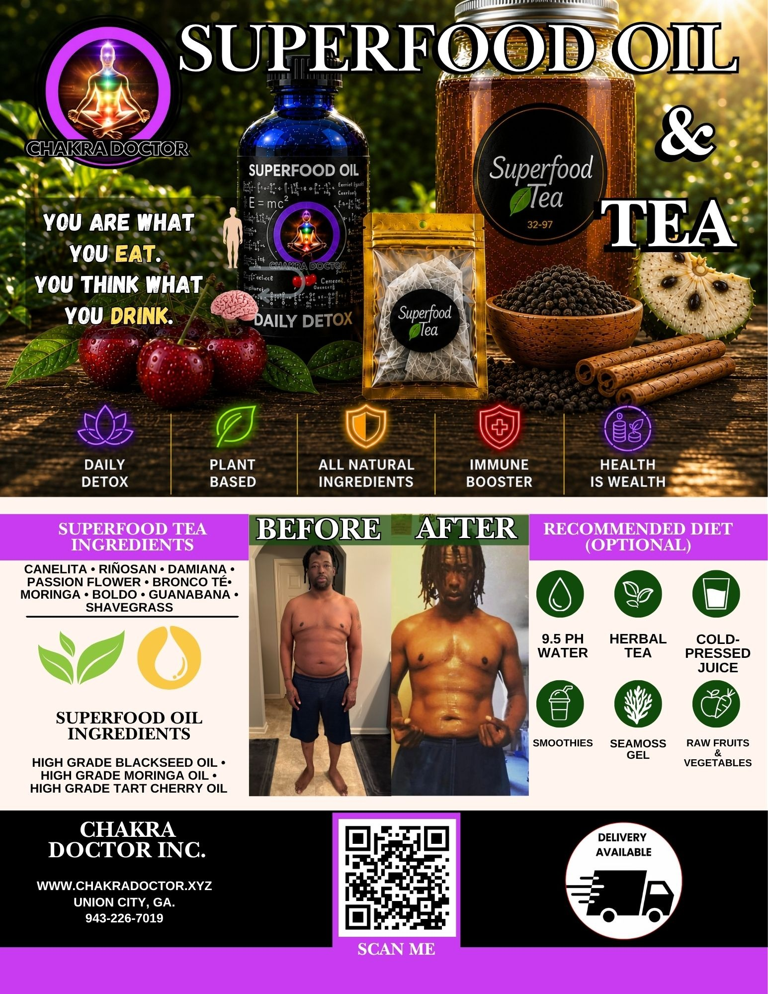 Promotional poster for Superfood Oil and Tea with benefits, ingredients, and before-after images