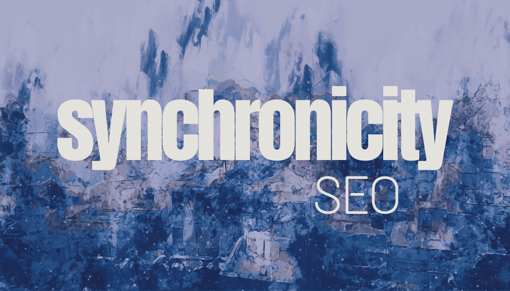Text "synchronicity SEO" on an abstract blue and white background