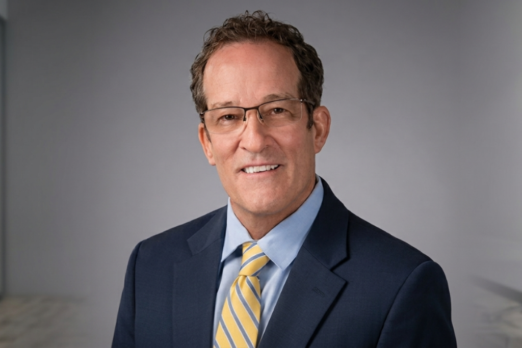 Professional man in a suit with glasses and a striped tie, smiling confidently