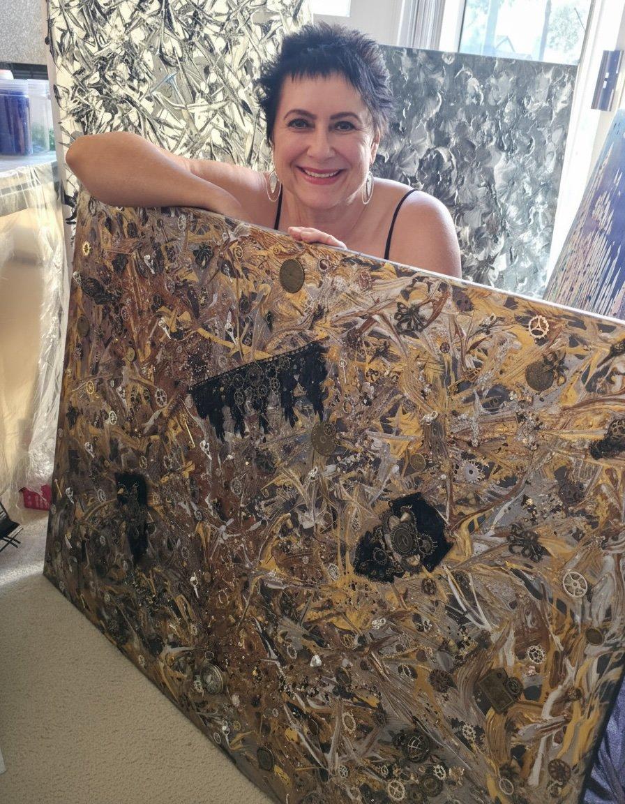 Smiling woman posing with a large abstract painting adorned with intricate details.