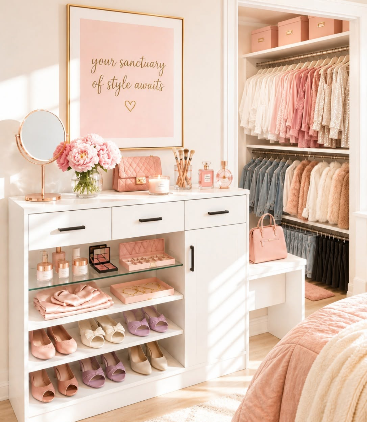 Stylish bedroom with organized closet, pink decor, and a fashion display cabinet