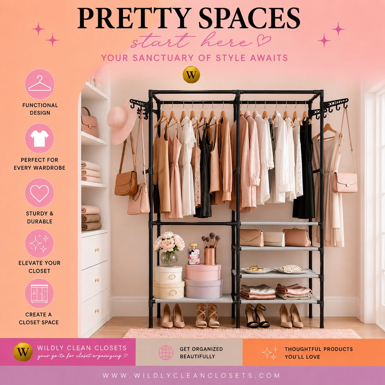 Stylish closet organization display featuring clothing, bags, and shelves for an elegant space