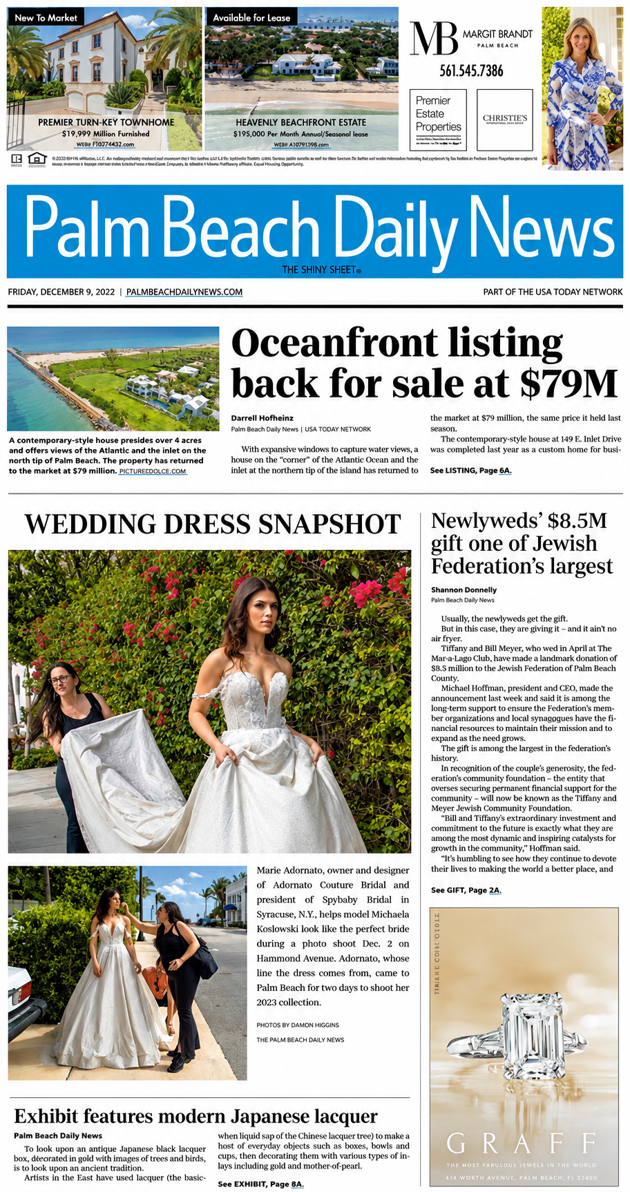 Palm Beach Daily News front page featuring real estate listing and wedding dress snapshot article