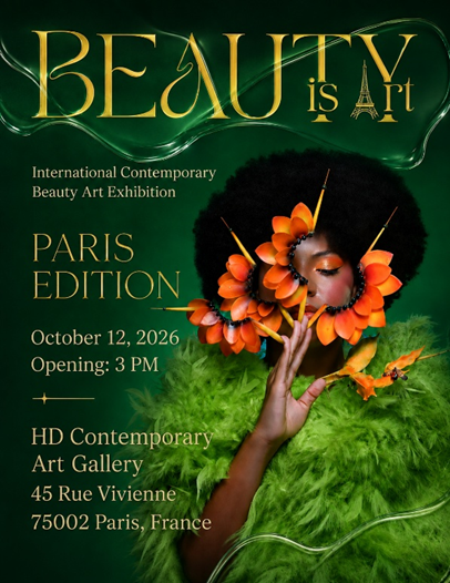 Poster for "Beauty is Art" exhibition featuring a model with flower accessories and vibrant colors