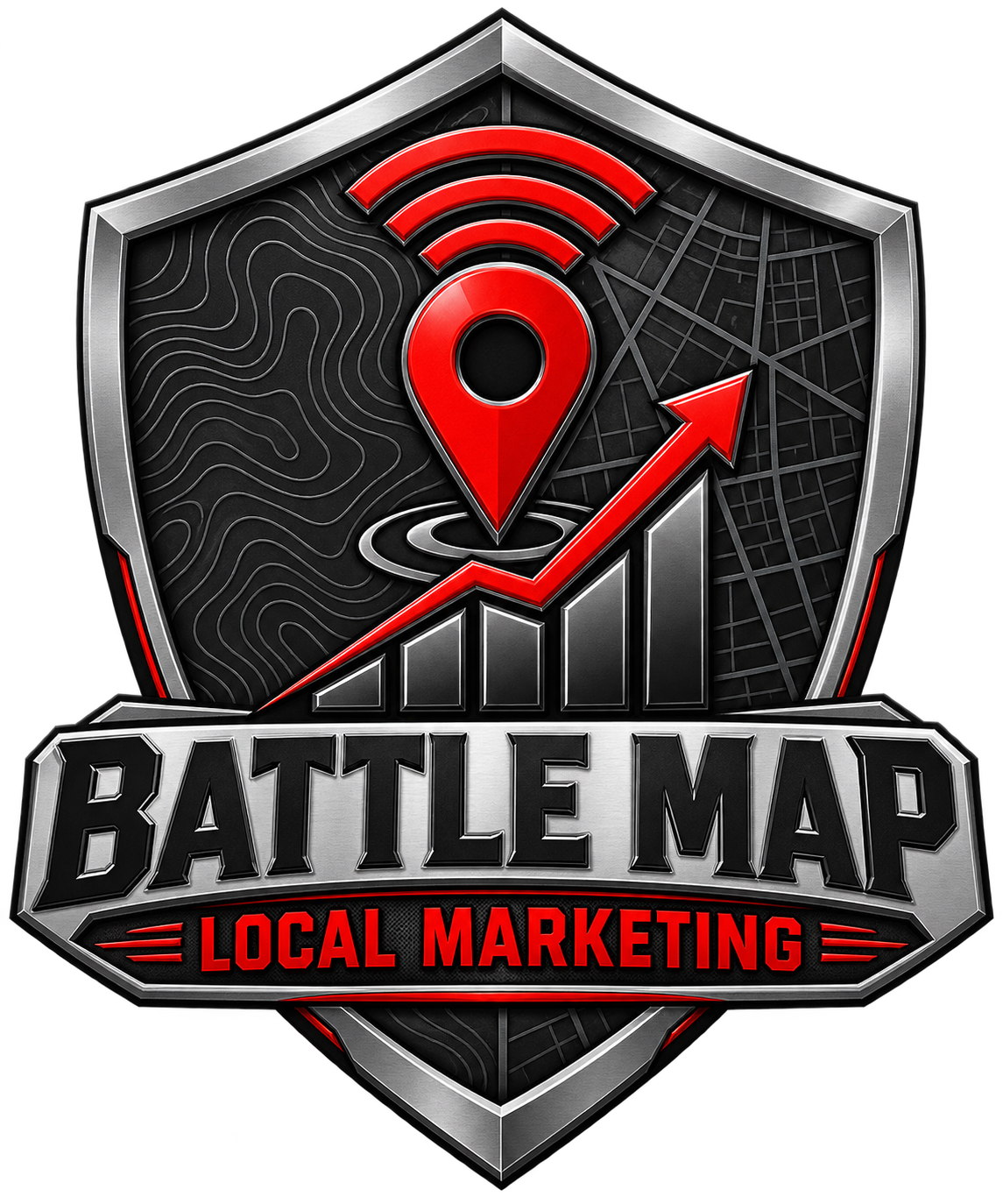 Shield-shaped logo with a location pin and graph, representing local marketing services