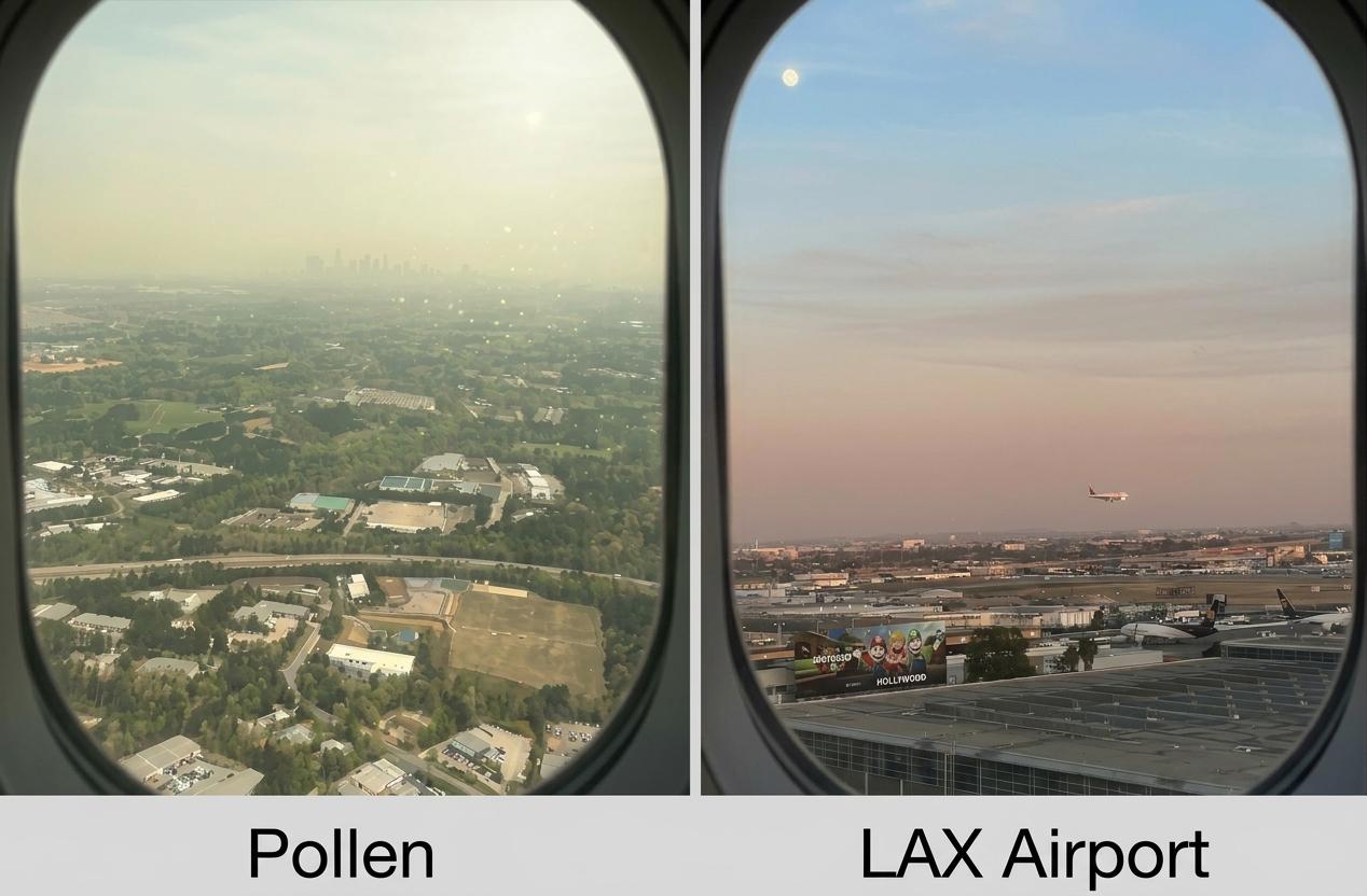 Comparison of two airplane window views: hazy skyline versus clear view of LAX Airport