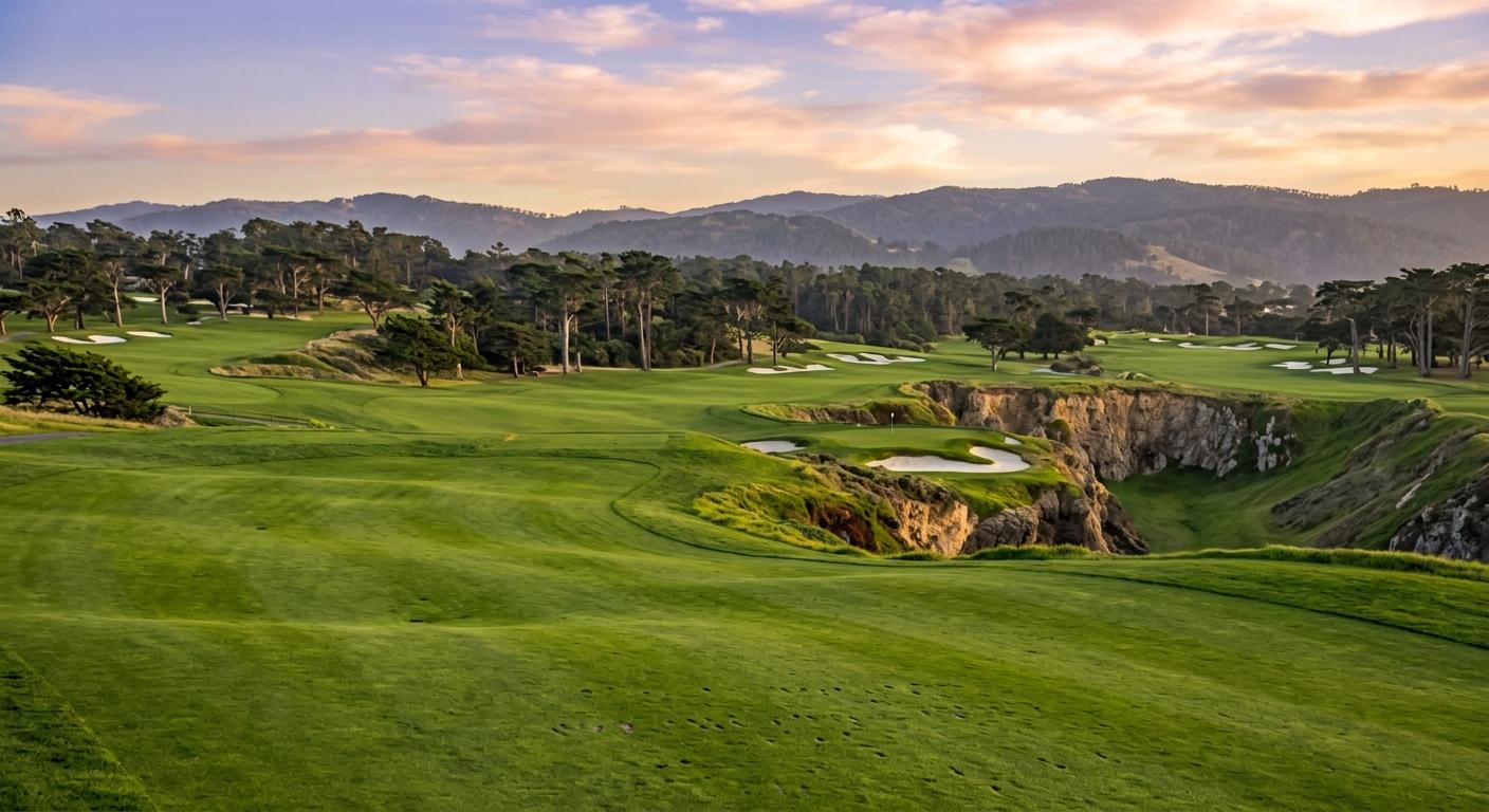 Lush green golf course landscape with hills and sand traps at sunset