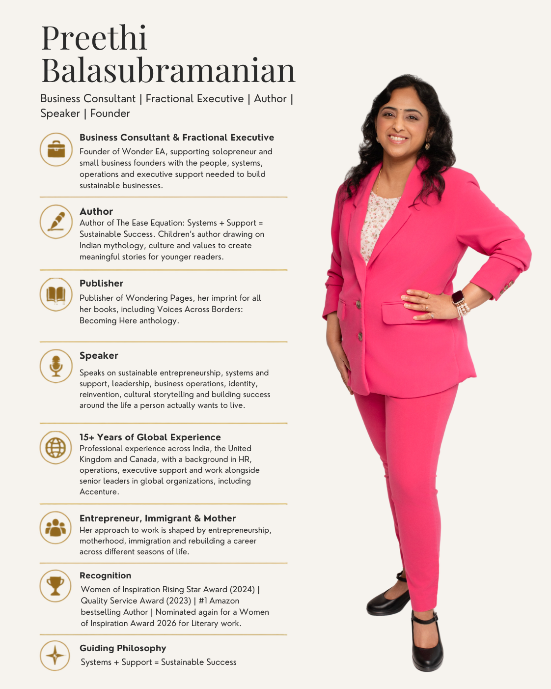 Professional portrait of Preethi Balasubramanian, a business consultant and author in pink attire