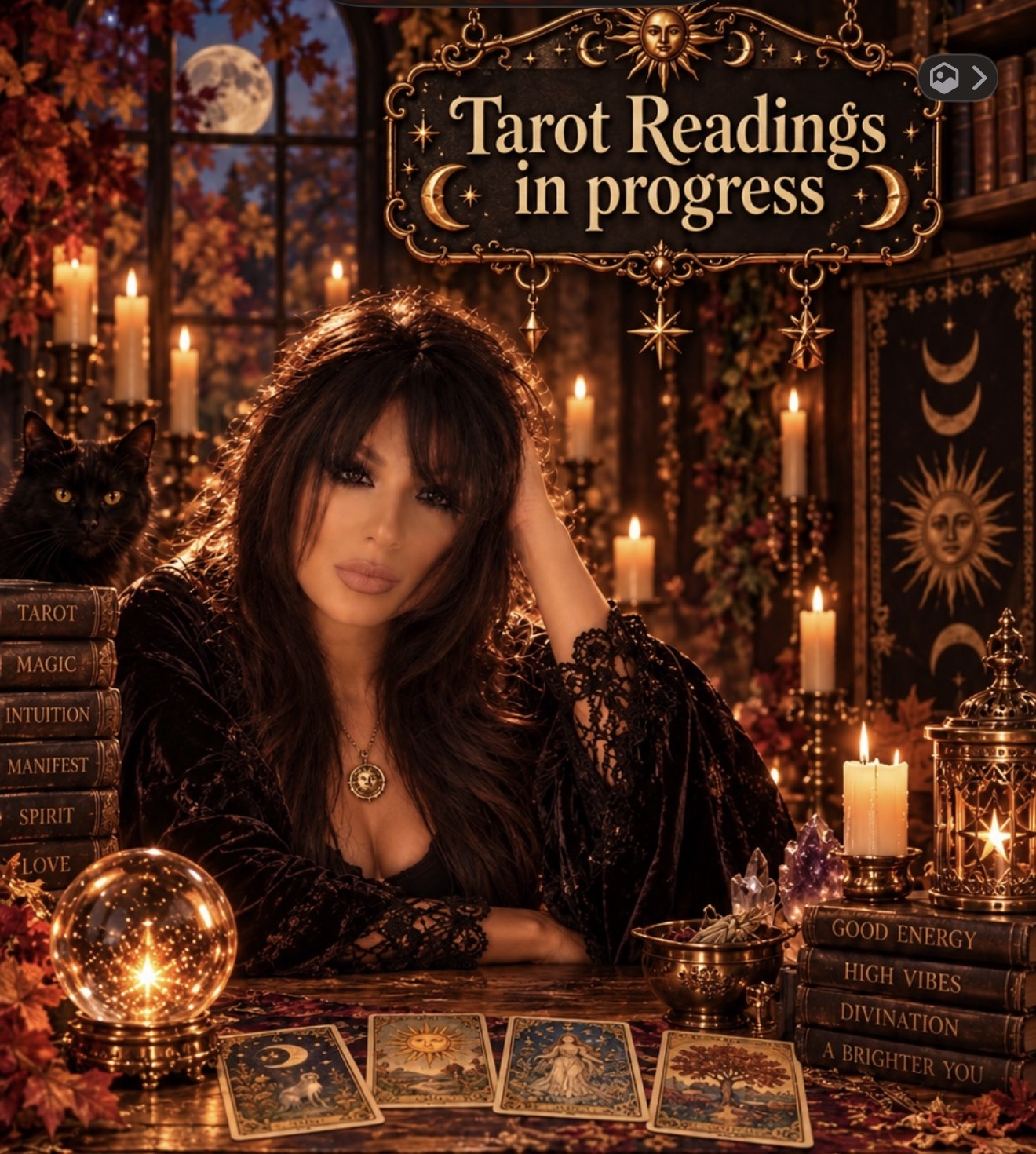 Woman in a mystical setting conducting tarot readings surrounded by candles and crystals