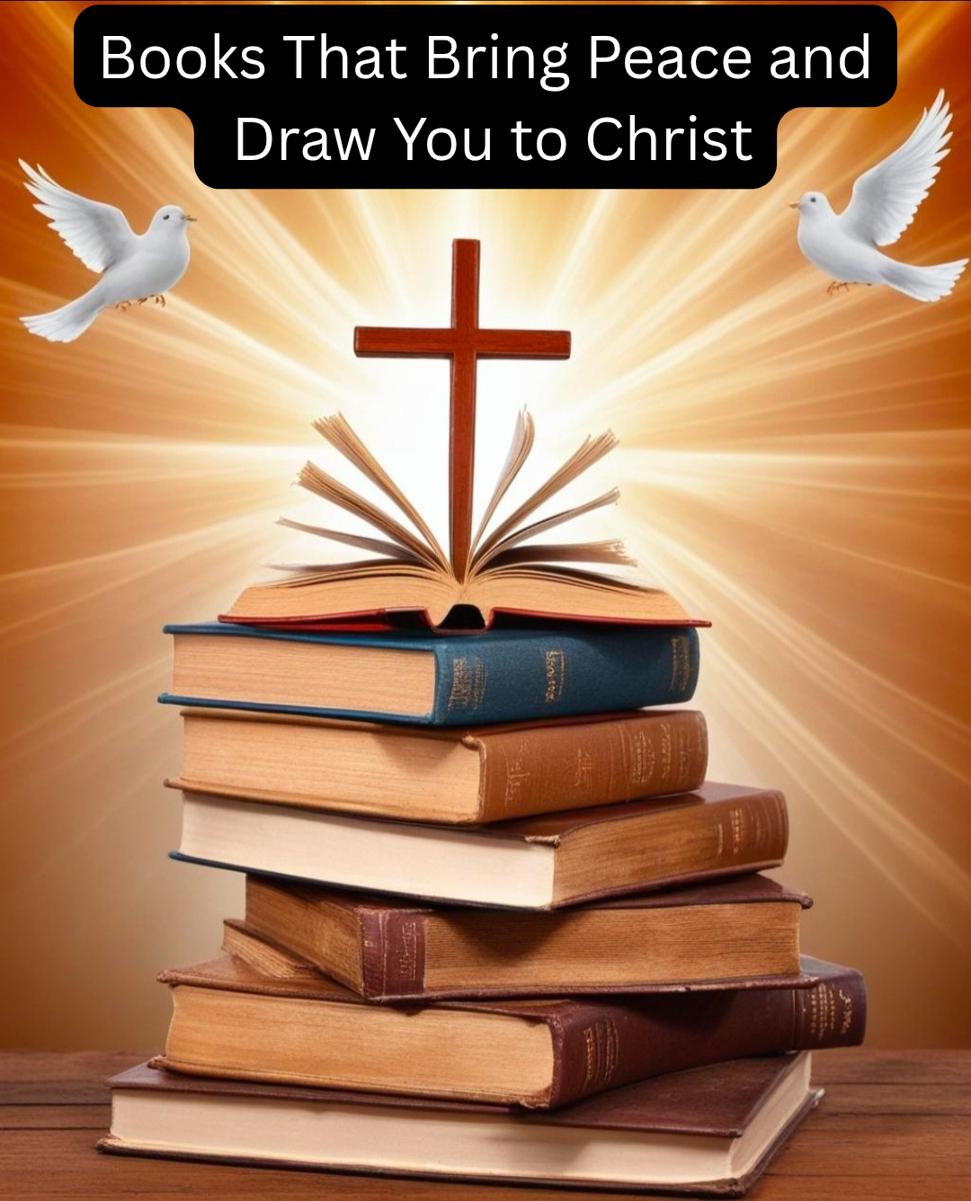 A stack of books with an open Bible and a cross, surrounded by doves.