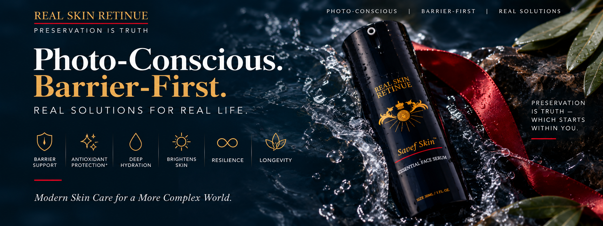Promotional banner for Real Skin Retinue featuring product benefits and design elements