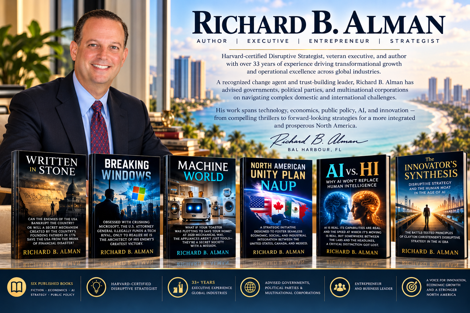 A professional man poses next to book covers with a city skyline in the background