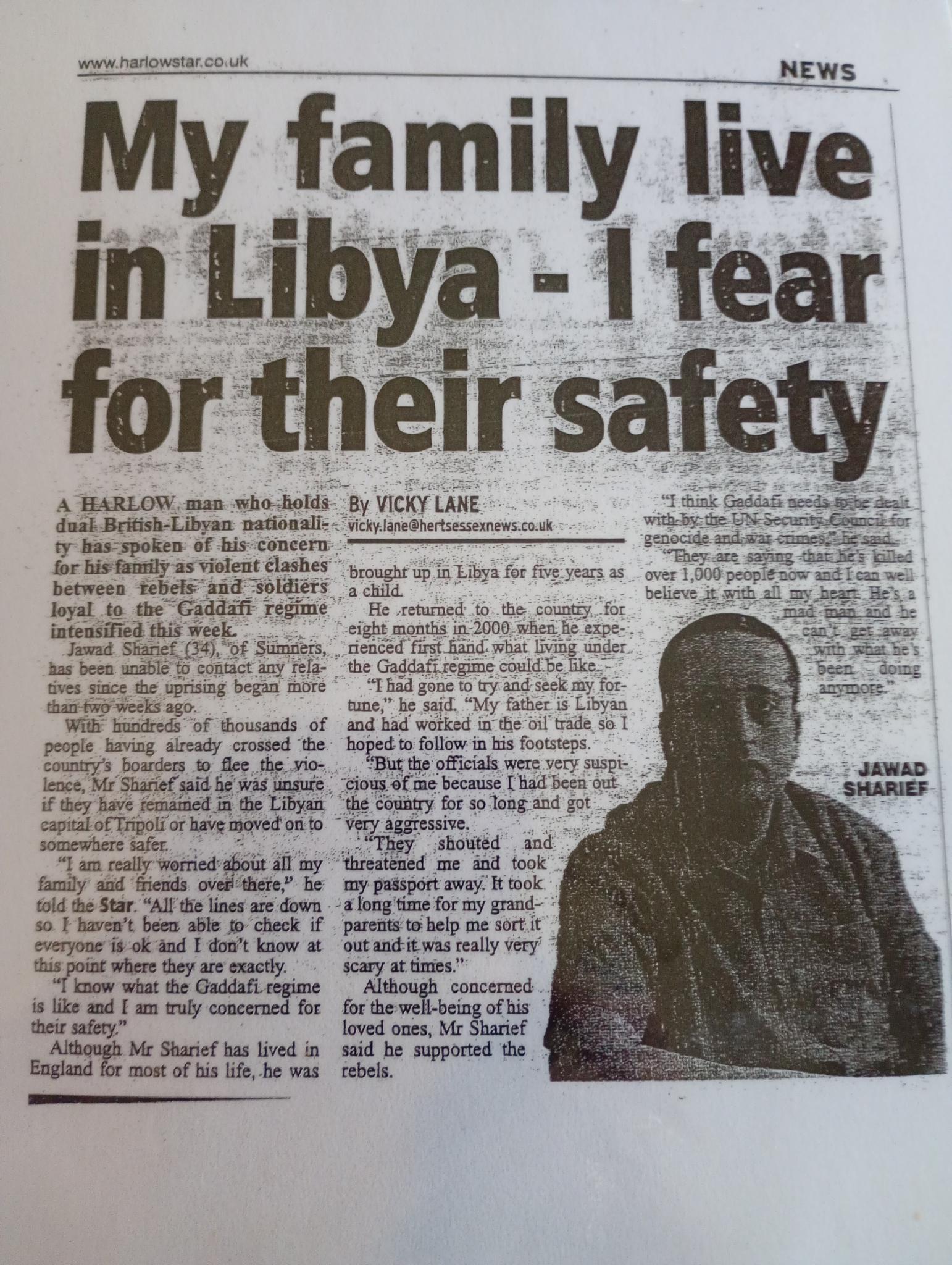 Newspaper article discussing concerns for family safety in Libya amid conflict
