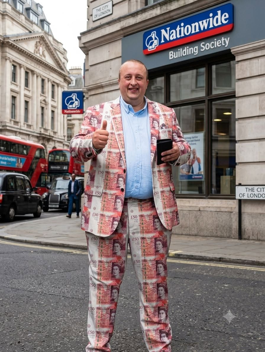 Man in a money-patterned suit giving a thumbs up outside a bank in London