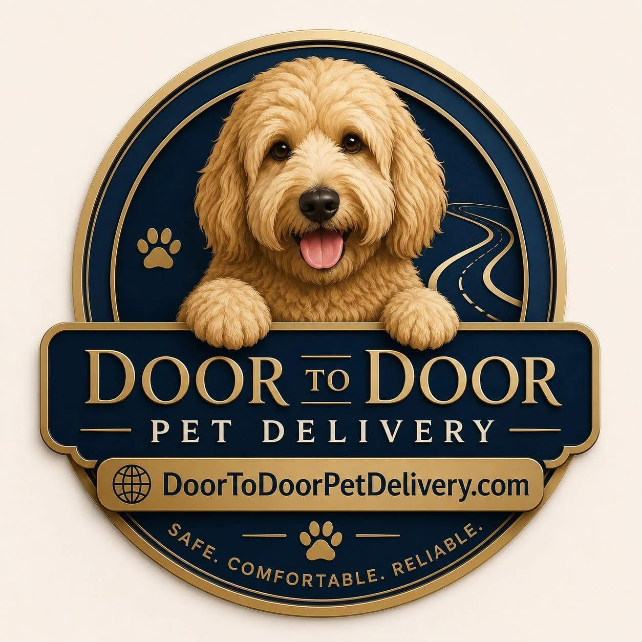 A logo featuring a golden doodle above the text "Door to Door Pet Delivery"