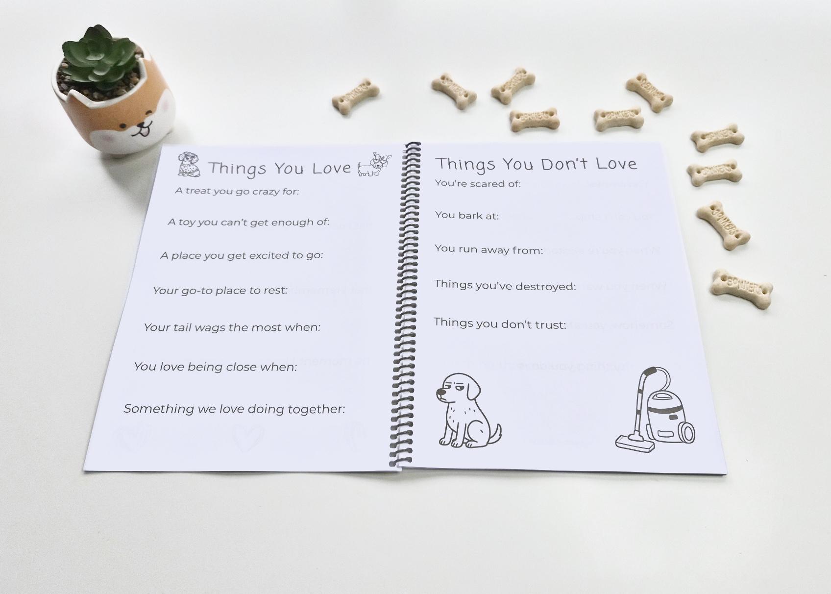 Open book page with lists of things dogs love and don’t love, surrounded by dog treats