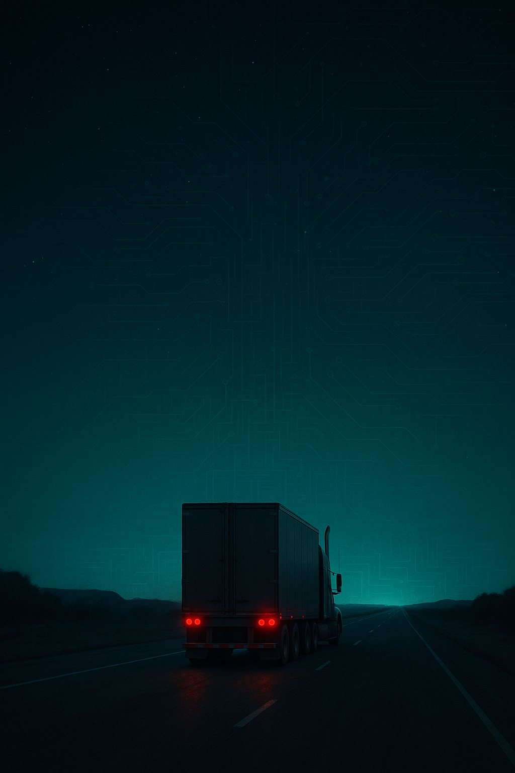A truck driving on an empty highway under a digital circuit-patterned sky