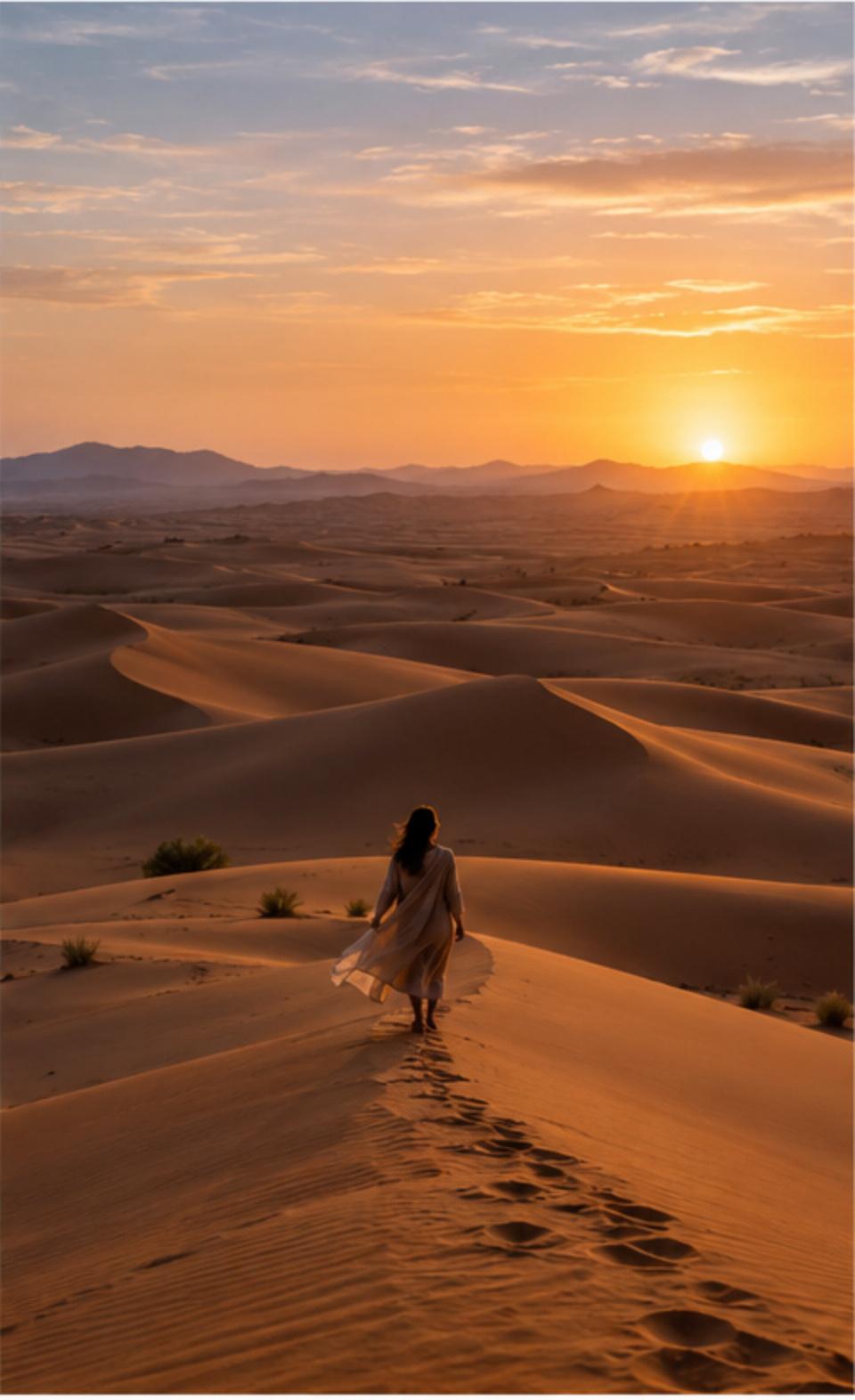 Woman walking on sand dunes at sunset with a colorful sky in the background