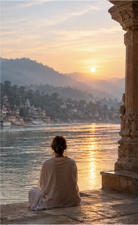Person sitting by a river during sunrise, surrounded by mountains and architecture
