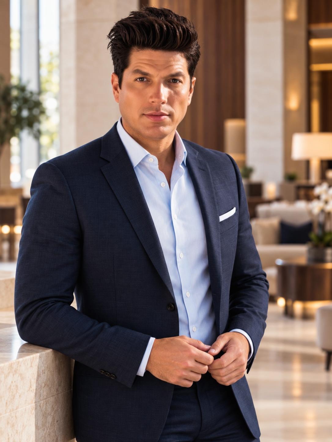 A man in a navy suit stands confidently in a modern lobby setting