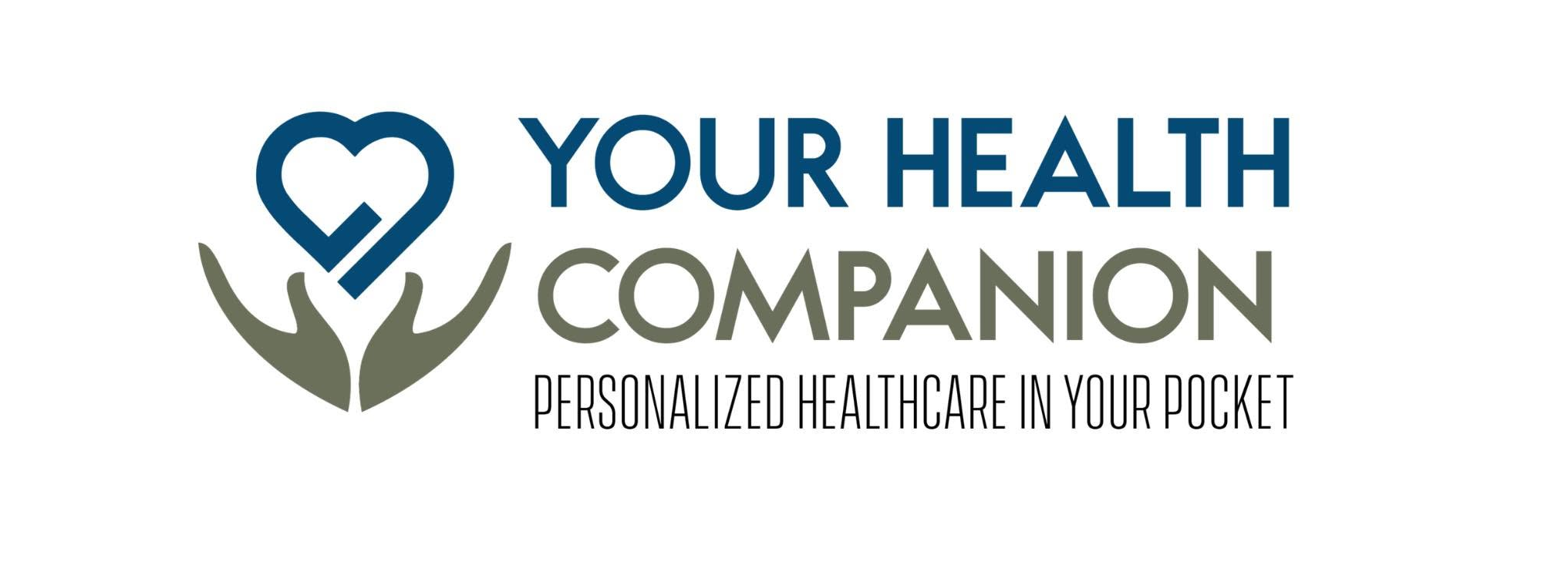 Logo for Your Health Companion featuring a heart and hands, promoting personalized healthcare