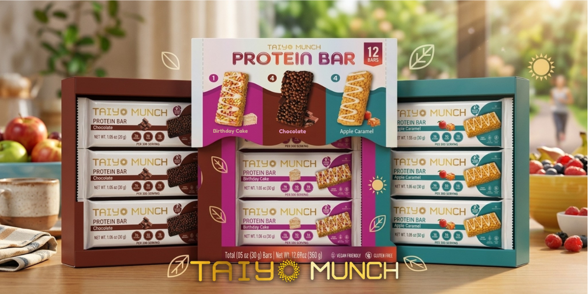 Assorted protein bars in colorful packaging displayed with fruits and nuts background
