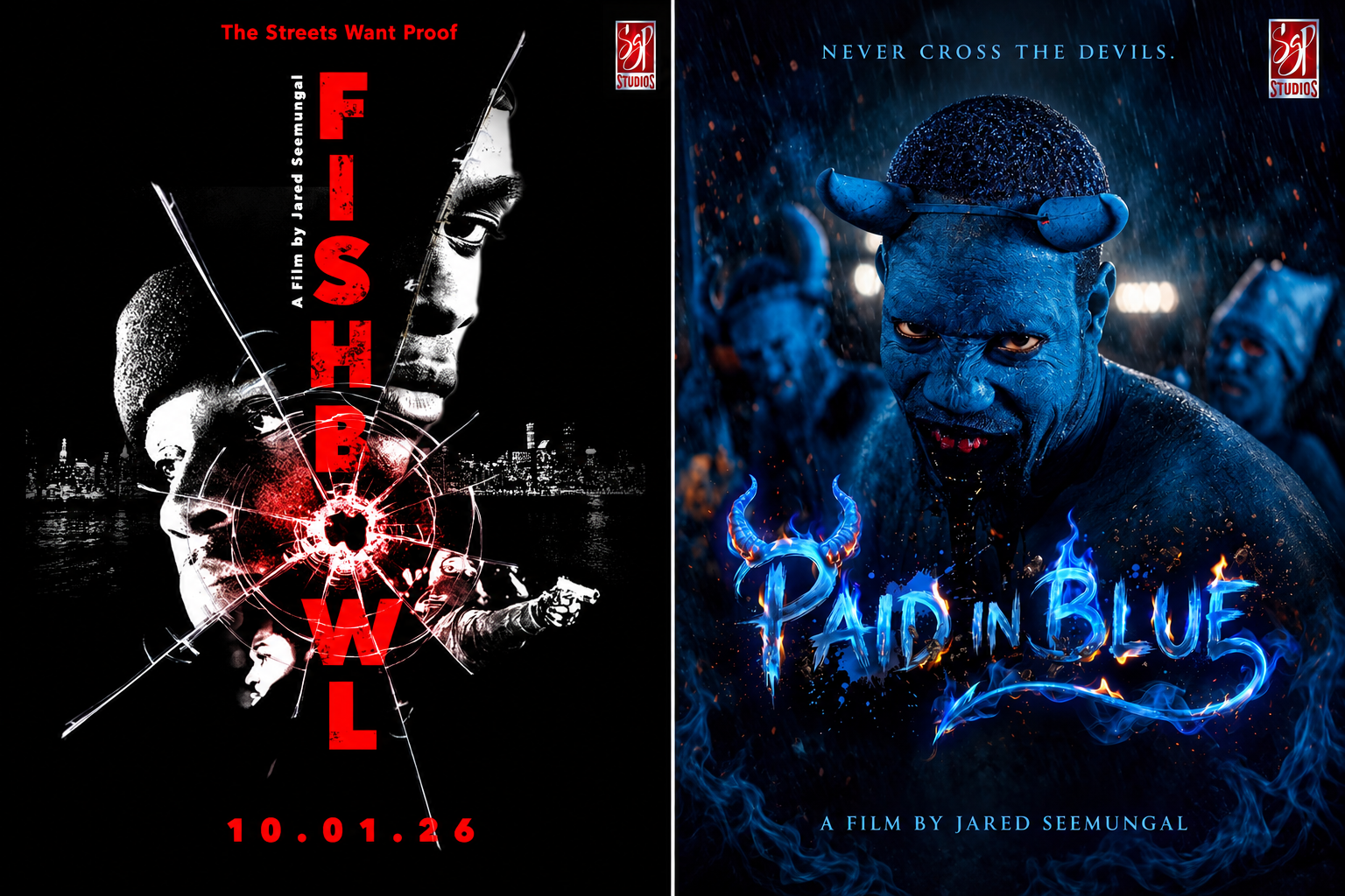 Two movie posters featuring dark themes, titles, and release dates in dramatic designs