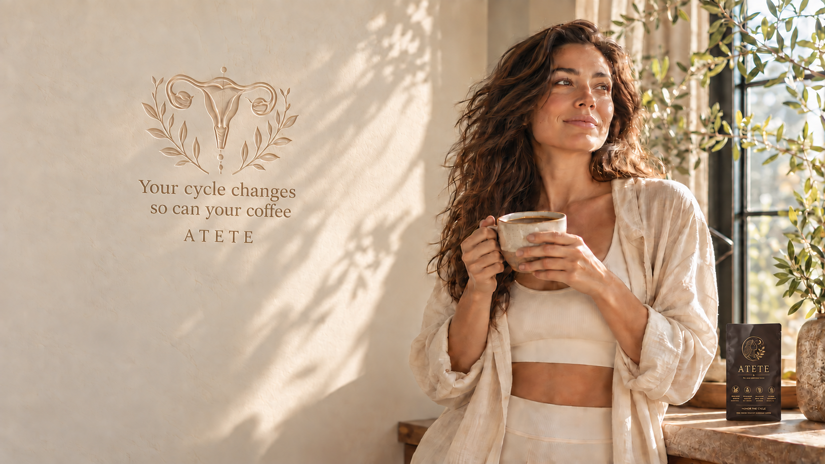 Woman holding a cup of coffee, posing near a wall with the brand logo